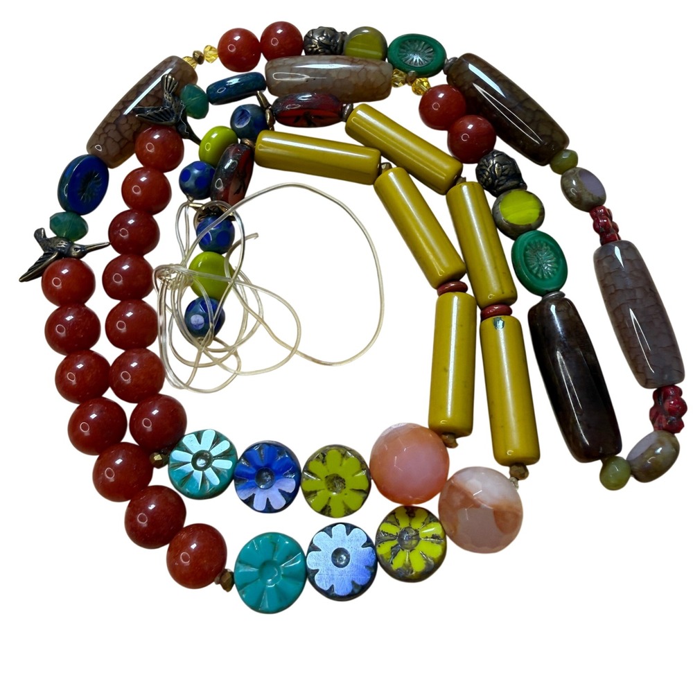 Bronze Multicolor Agate Glass Hummingbird Bead Strand Necklace Boho Artisan 80s